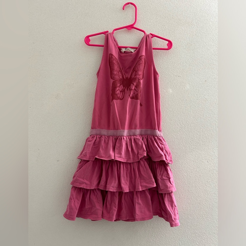 Pink Butterfly Kids Dress in hot pink with ruffled layered bottom. Girls 4-6